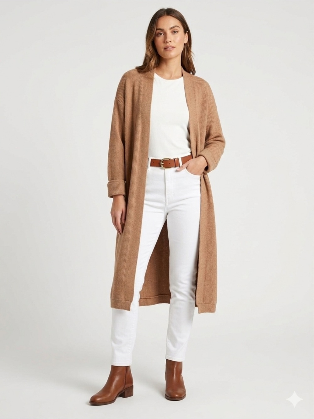 Dear Scarlett Long Open-Front Knit Dress Cardigan in Tan